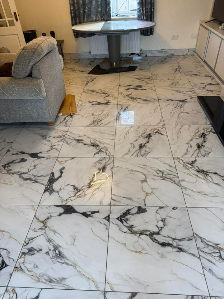 Marble floor continuing through living space
